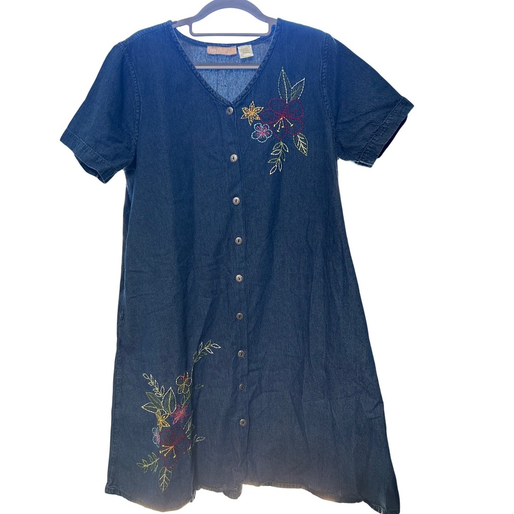 La Cera Denim Dress Floral Embroidery Medium‎ Blue Women